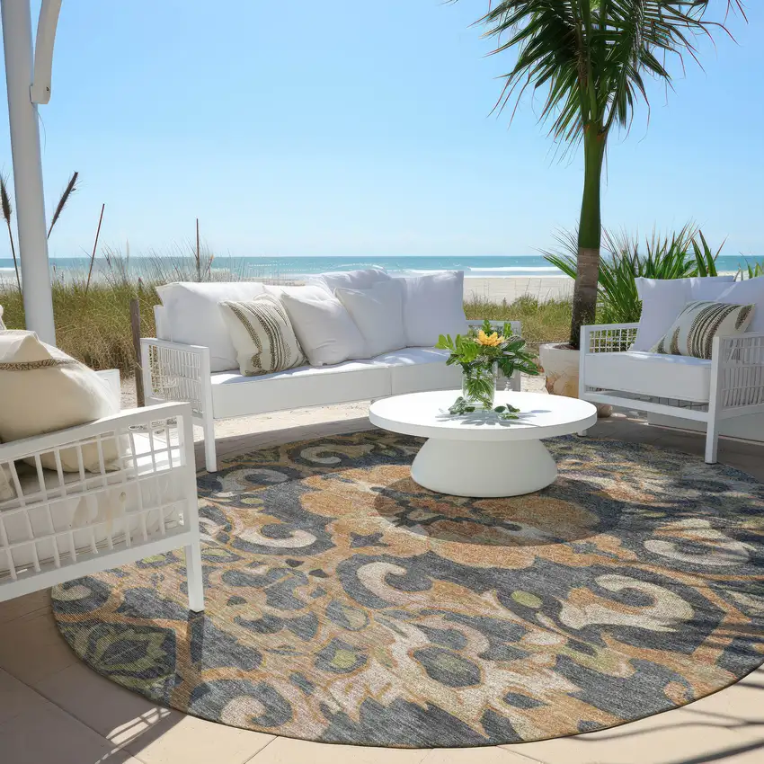 8' Terra Cotta And Charcoal Round Damask Washable Indoor Outdoor Area Rug Photo 5