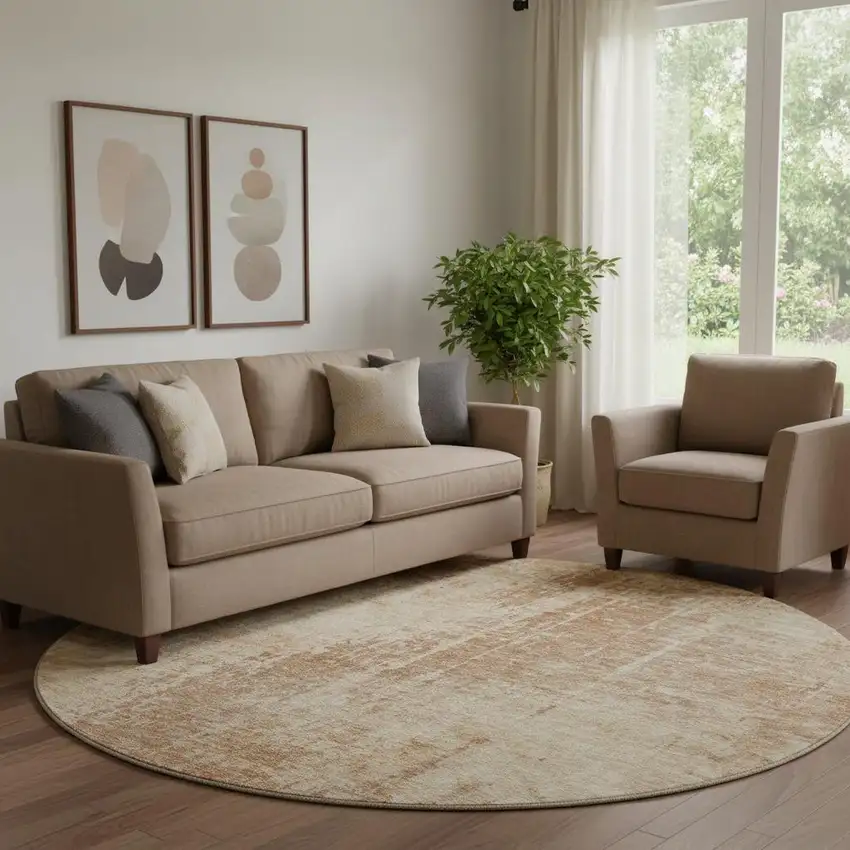 8' Terra Cotta And Copper Abstract Washable Round Rug With UV Protection Photo 1