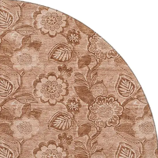 8' Terra Cotta And Copper Floral Washable Round Rug With UV Protection Photo 4