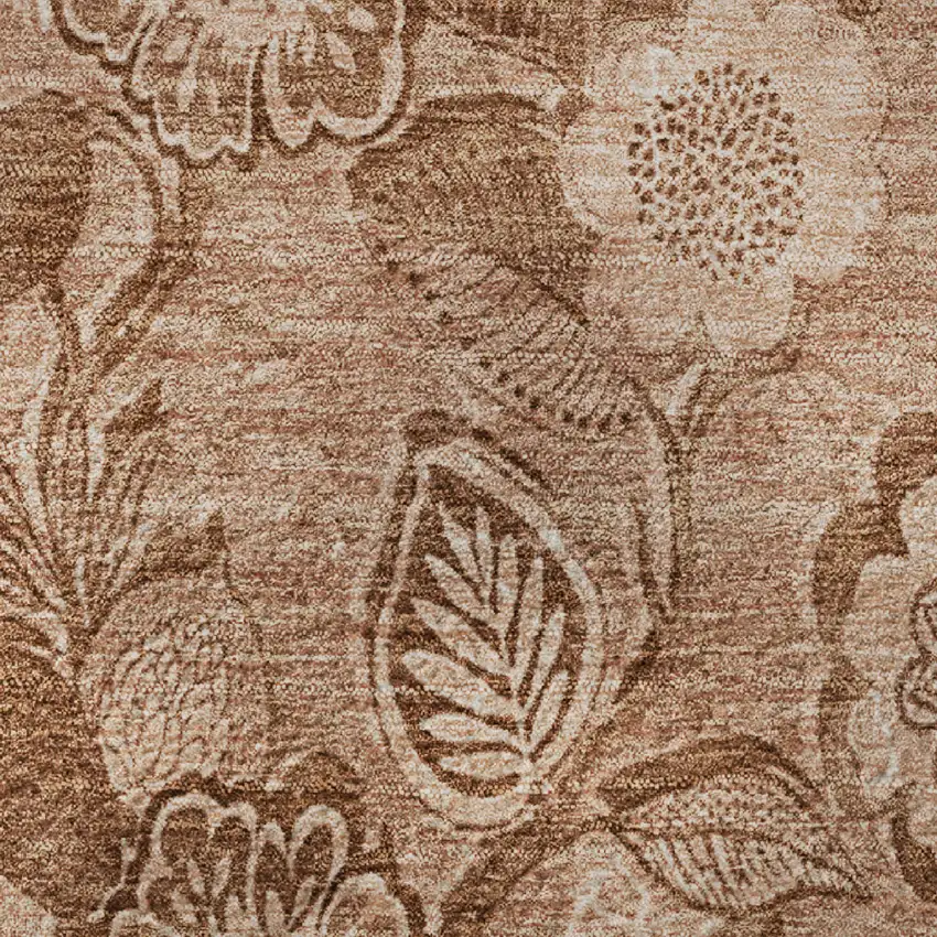 8' Terra Cotta And Copper Floral Washable Round Rug With UV Protection Photo 9