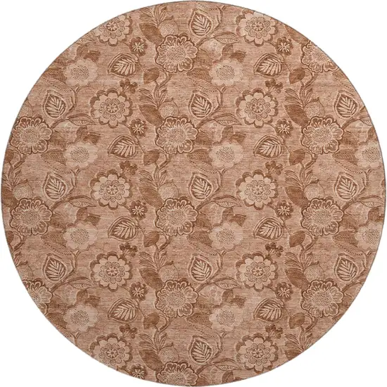 8' Terra Cotta And Copper Floral Washable Round Rug With UV Protection Photo 1