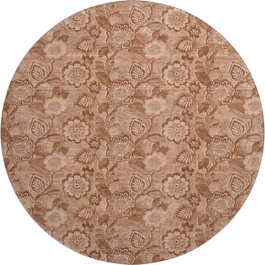8' Terra Cotta And Copper Floral Washable Round Rug With UV Protection Photo 1