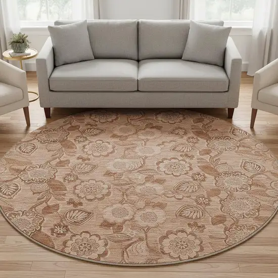 8' Terra Cotta And Copper Floral Washable Round Rug With UV Protection Photo 2