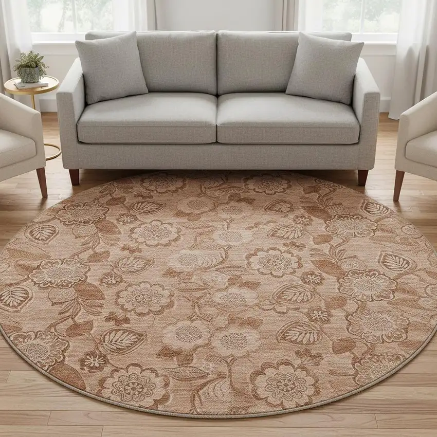 8' Terra Cotta And Copper Floral Washable Round Rug With UV Protection Photo 2