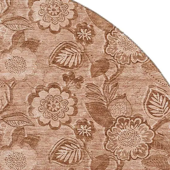 8' Terra Cotta And Copper Floral Washable Round Rug With UV Protection Photo 3