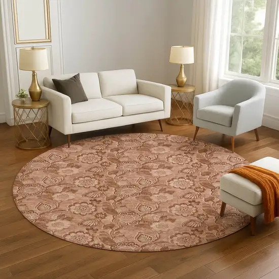 8' Terra Cotta And Copper Floral Washable Round Rug With UV Protection Photo 5
