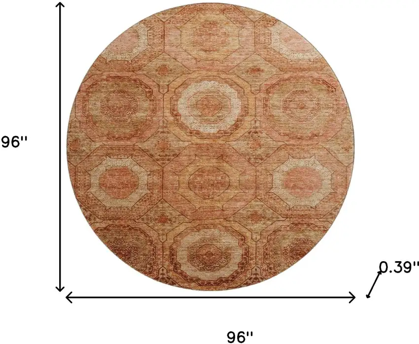 8' Terra Cotta And Copper Geometric Washable Round Rug With UV Protection Photo 8