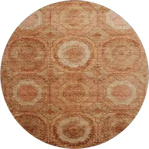 Photo of 8' Terra Cotta And Copper Geometric Washable Round Rug With UV Protection