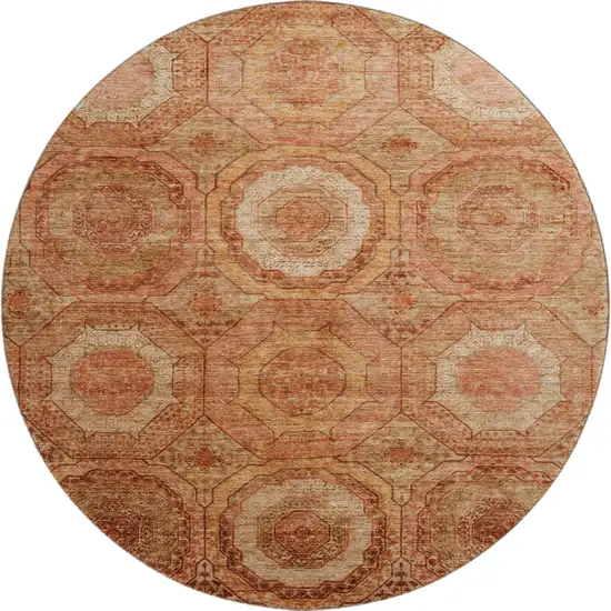 8' Terra Cotta And Copper Geometric Washable Round Rug With UV Protection Photo 1