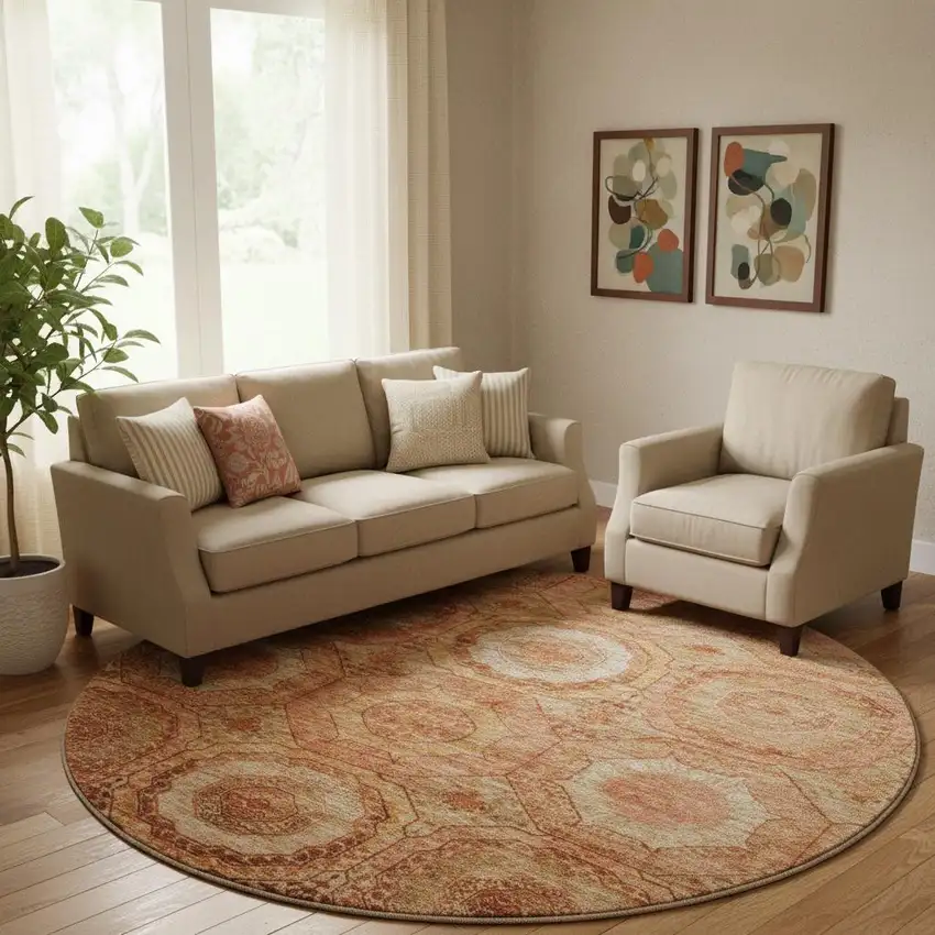 8' Terra Cotta And Copper Geometric Washable Round Rug With UV Protection Photo 2