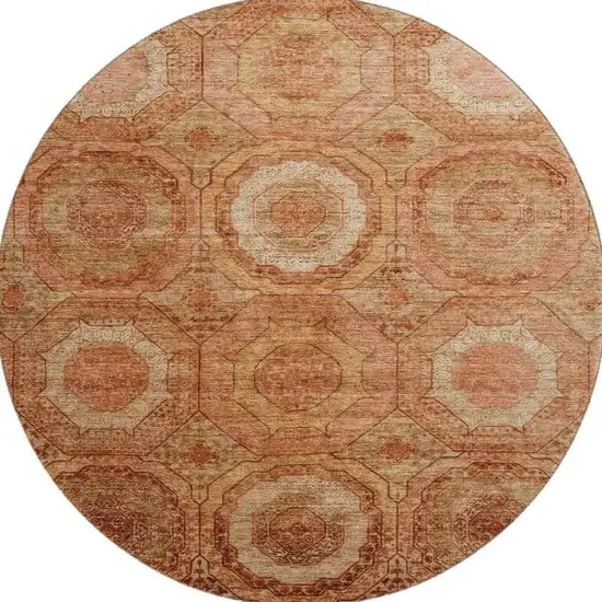 8' Terra Cotta And Copper Geometric Washable Round Rug With UV Protection Photo 4