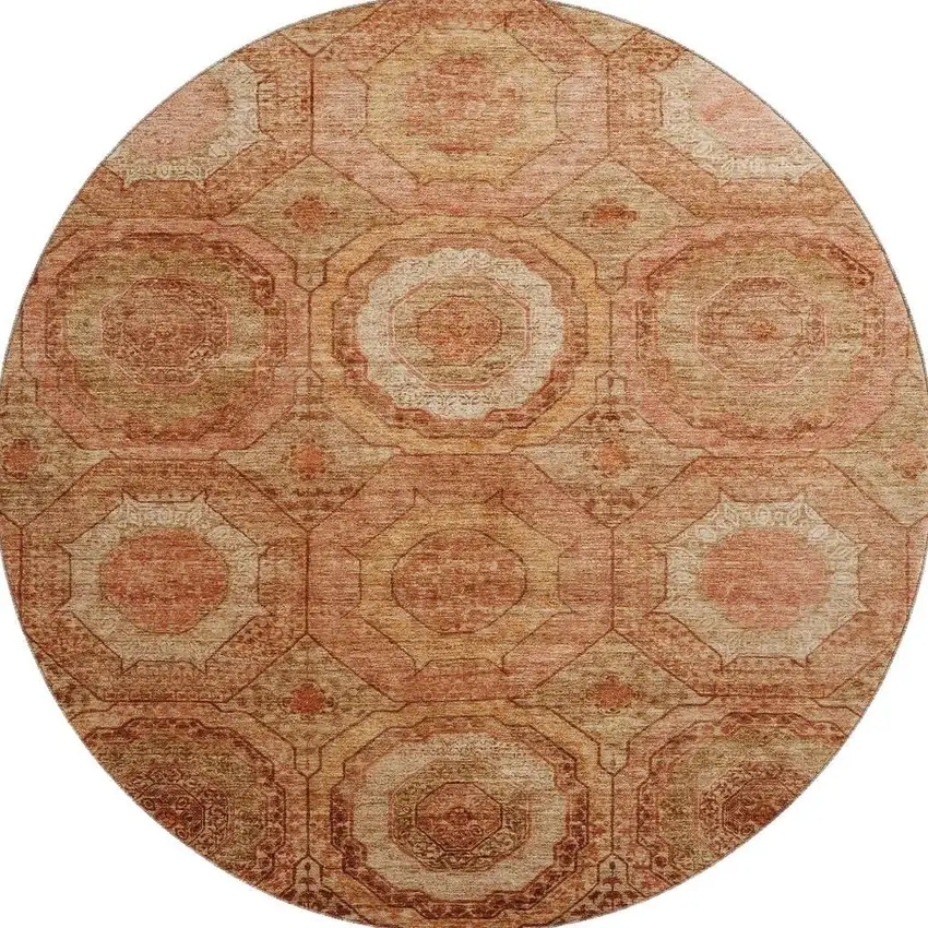 8' Terra Cotta And Copper Geometric Washable Round Rug With UV Protection Photo 4
