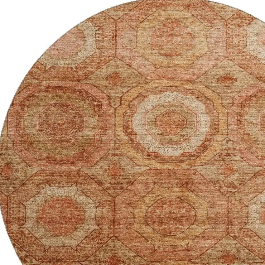 8' Terra Cotta And Copper Geometric Washable Round Rug With UV Protection Photo 3