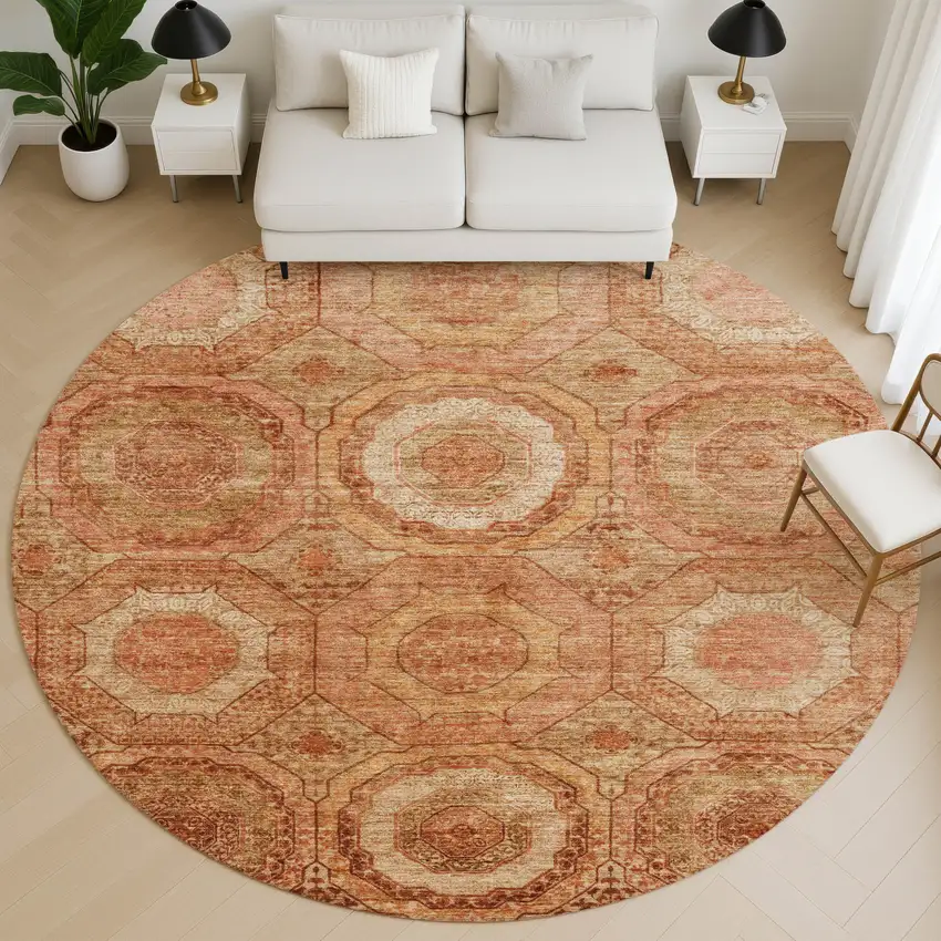 8' Terra Cotta And Copper Geometric Washable Round Rug With UV Protection Photo 5