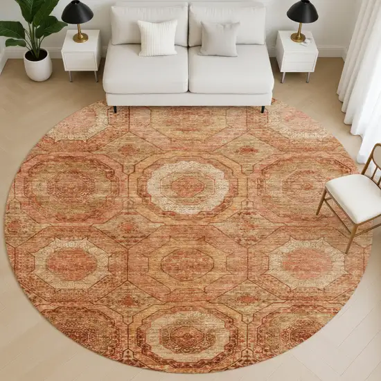 8' Terra Cotta And Copper Geometric Washable Round Rug With UV Protection Photo 5