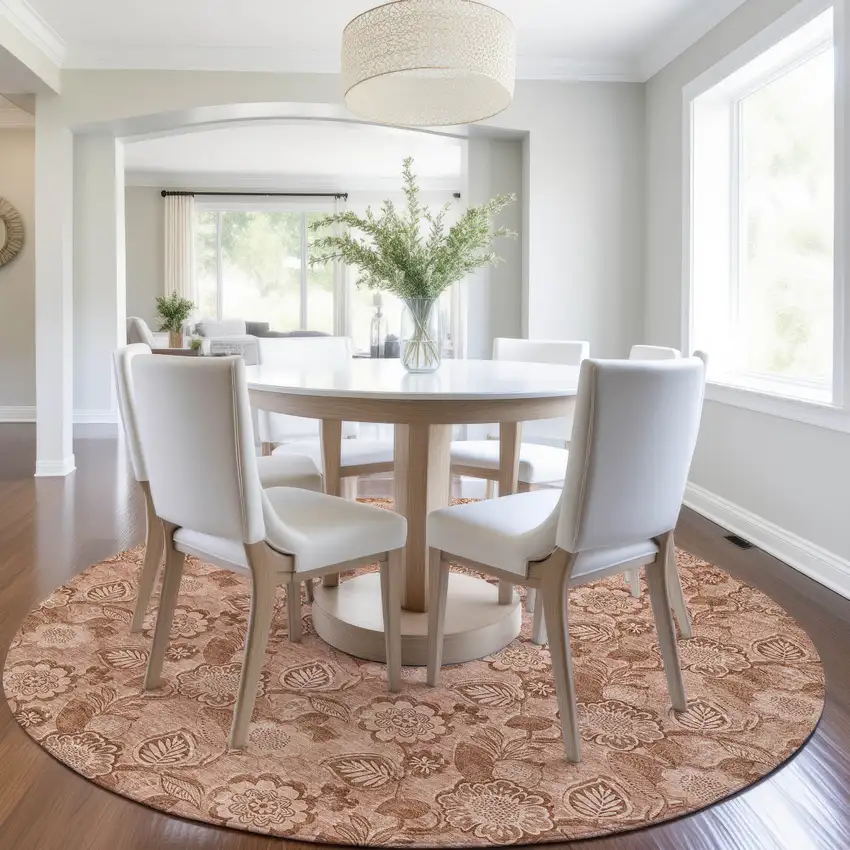 8' Terra Cotta And Copper Round Floral Washable Indoor Outdoor Area Rug Photo 6