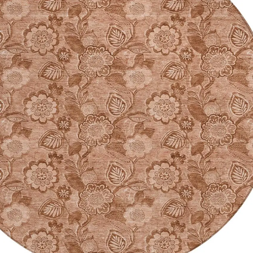 8' Terra Cotta And Copper Round Floral Washable Indoor Outdoor Area Rug Photo 8