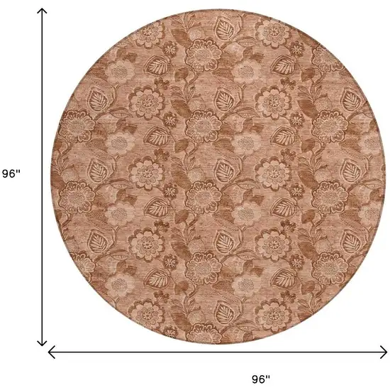 8' Terra Cotta And Copper Round Floral Washable Indoor Outdoor Area Rug Photo 9