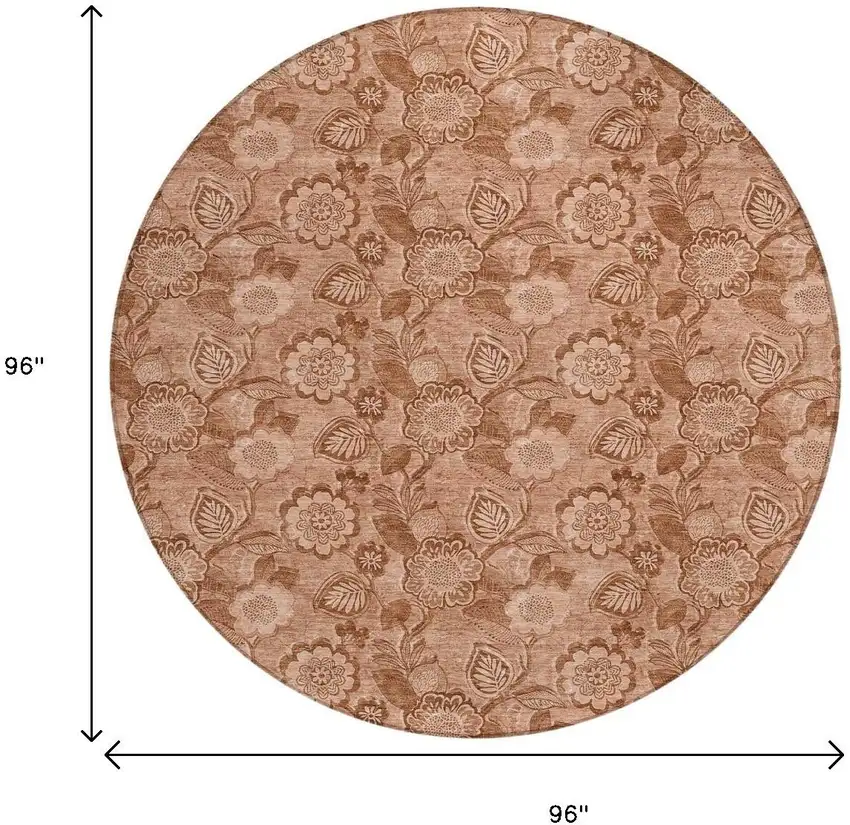 8' Terra Cotta And Copper Round Floral Washable Indoor Outdoor Area Rug Photo 9
