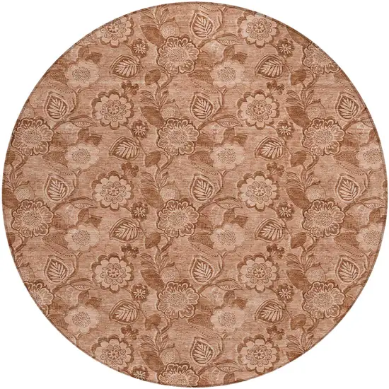8' Terra Cotta And Copper Round Floral Washable Indoor Outdoor Area Rug Photo 1