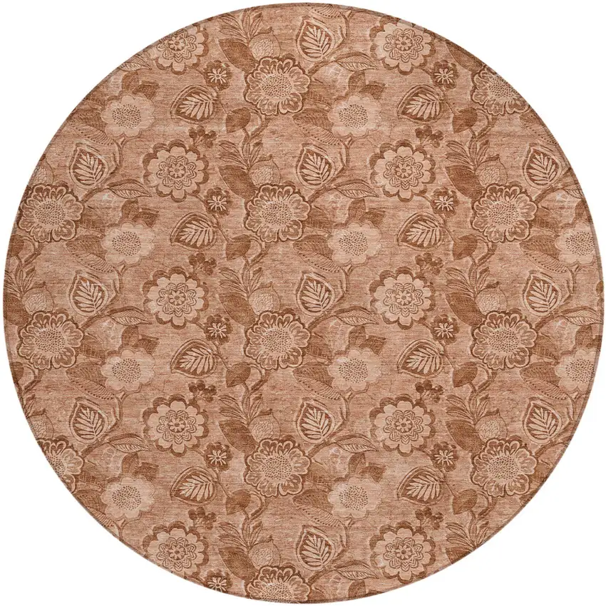 8' Terra Cotta And Copper Round Floral Washable Indoor Outdoor Area Rug Photo 1
