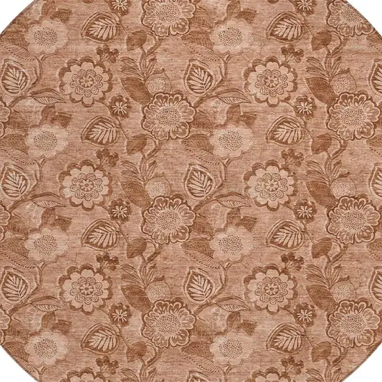 8' Terra Cotta And Copper Round Floral Washable Indoor Outdoor Area Rug Photo 4
