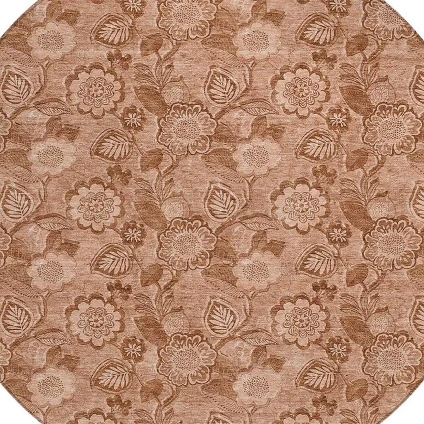 8' Terra Cotta And Copper Round Floral Washable Indoor Outdoor Area Rug Photo 4