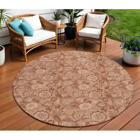 8' Terra Cotta And Copper Round Floral Washable Indoor Outdoor Area Rug Photo 2