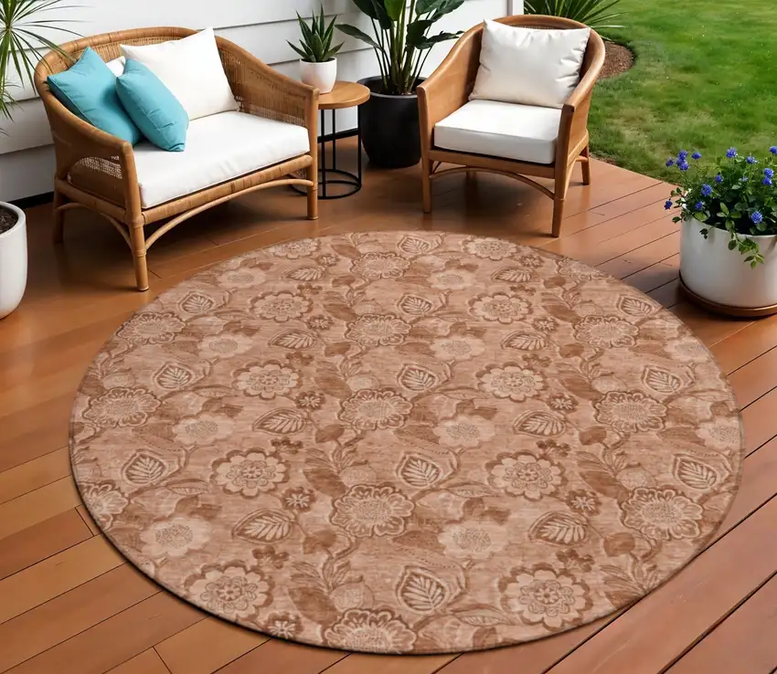 8' Terra Cotta And Copper Round Floral Washable Indoor Outdoor Area Rug Photo 2