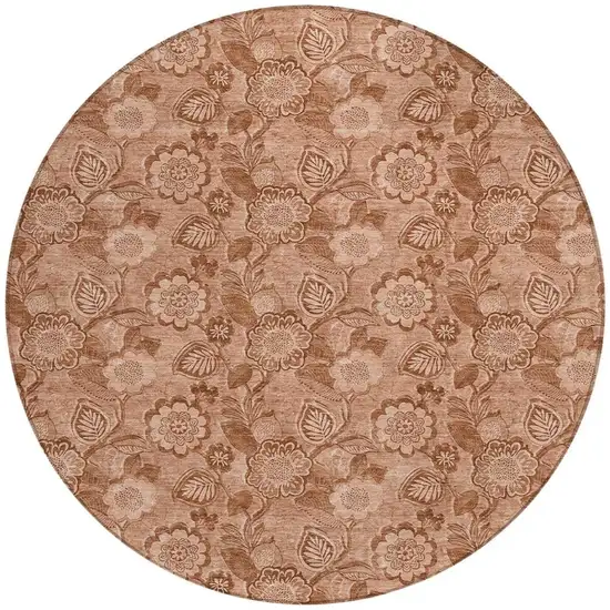 8' Terra Cotta And Copper Round Floral Washable Indoor Outdoor Area Rug Photo 3