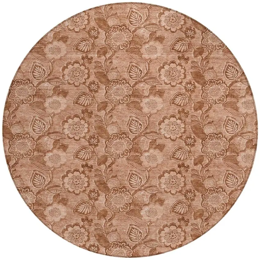 8' Terra Cotta And Copper Round Floral Washable Indoor Outdoor Area Rug Photo 3