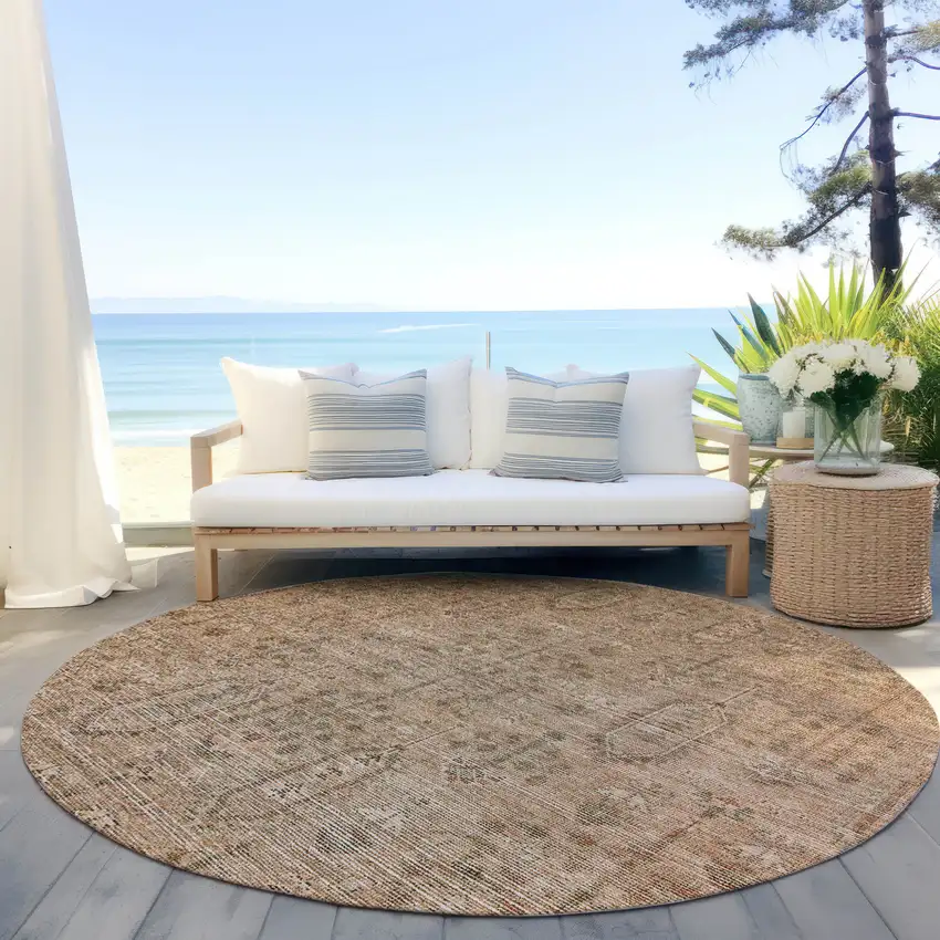8' Terra Cotta And Copper Round Southwestern Washable Indoor Outdoor Area Rug Photo 6