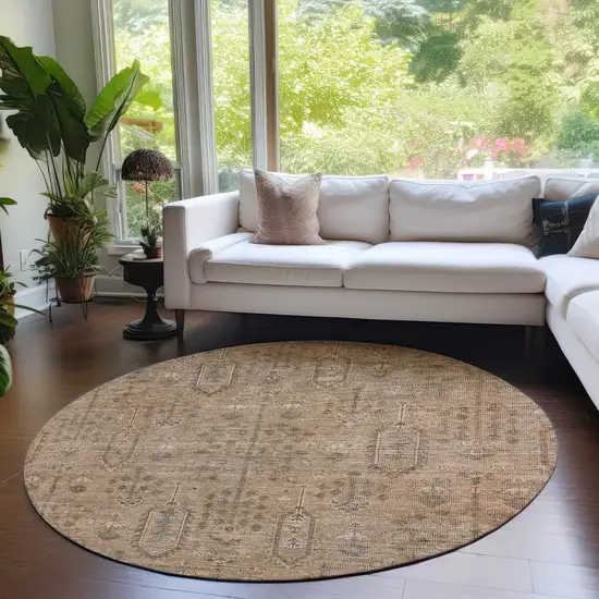 8' Terra Cotta And Copper Round Southwestern Washable Indoor Outdoor Area Rug Photo 7