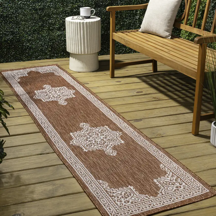 8' Terra Cotta And Cream Medallion Indoor Outdoor Runner Rug Photo 5
