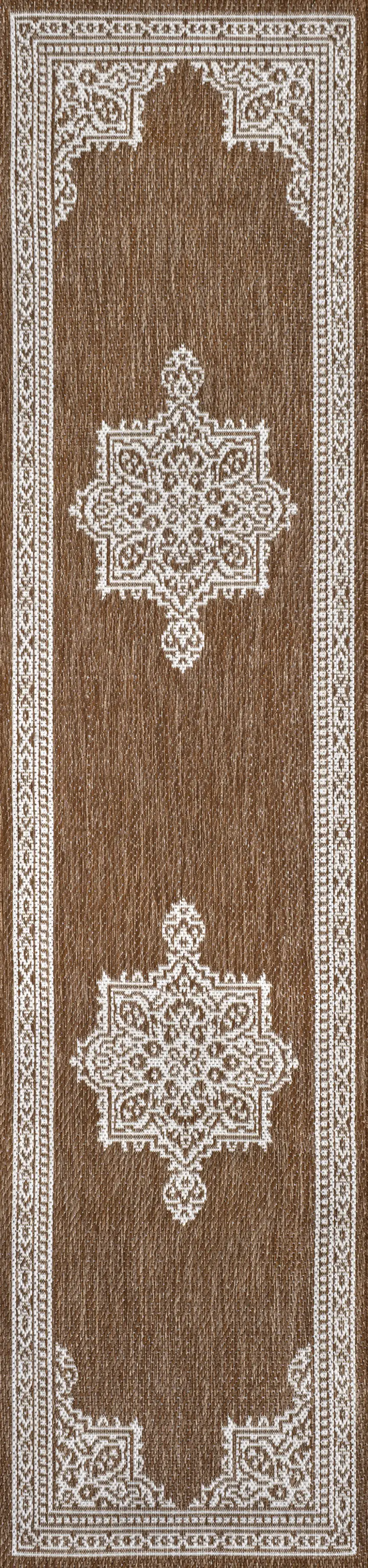 8' Terra Cotta And Cream Medallion Indoor Outdoor Runner Rug Photo 3