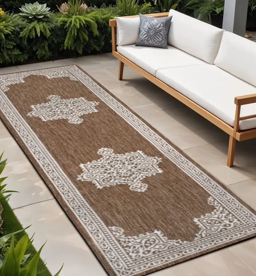 8' Terra Cotta And Cream Medallion Indoor Outdoor Runner Rug Photo 1
