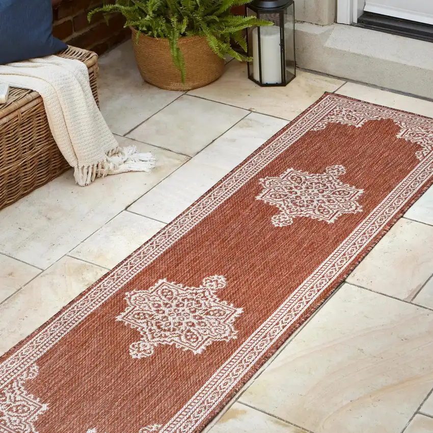 8' Terra Cotta And Cream Medallion Indoor Outdoor Runner Rug Photo 6