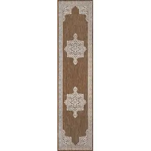 Photo of 8' Terra Cotta And Cream Medallion Indoor Outdoor Runner Rug