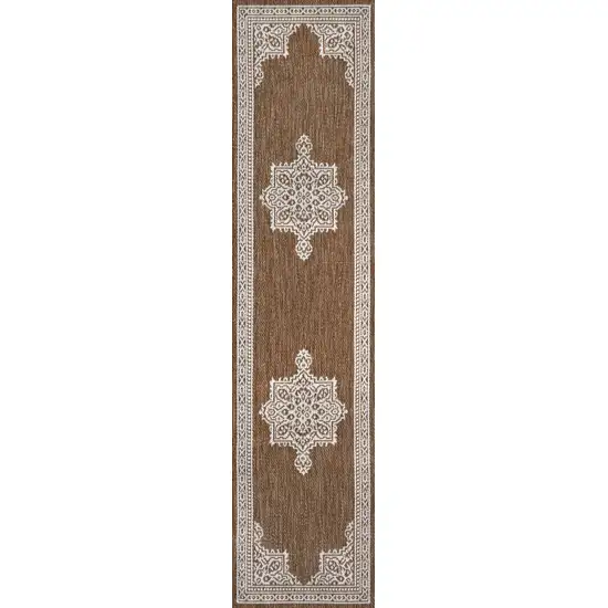 8' Terra Cotta And Cream Medallion Indoor Outdoor Runner Rug Photo 1