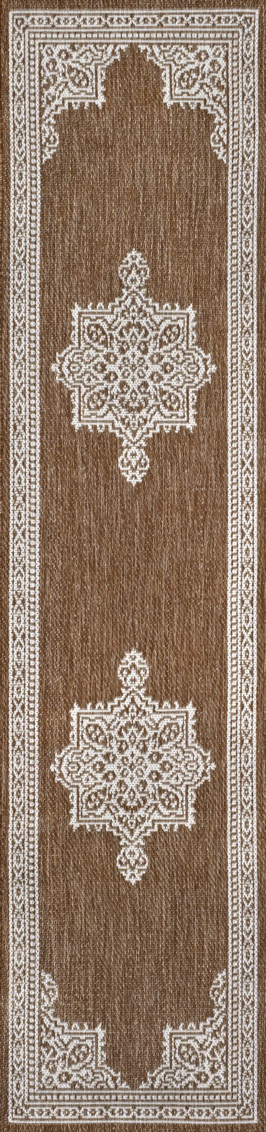8' Terra Cotta And Cream Medallion Indoor Outdoor Runner Rug Photo 1