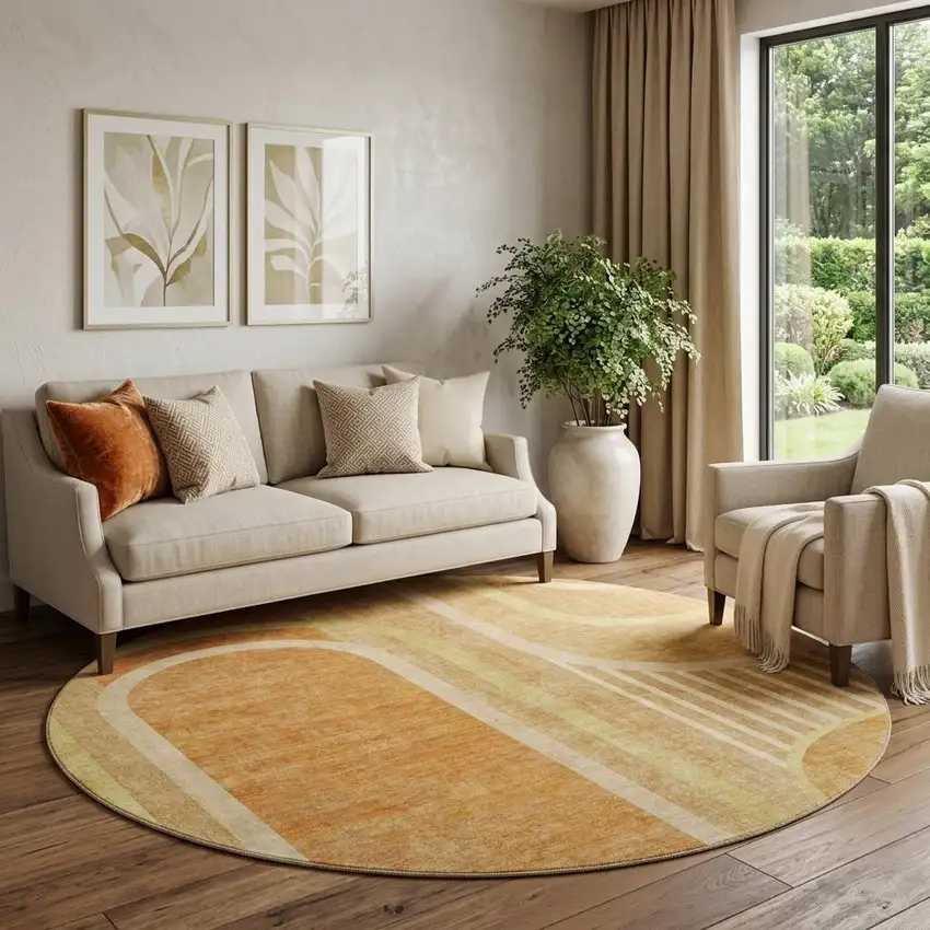 8' Terra Cotta And Gold Geometric Washable Round Rug With UV Protection Photo 1