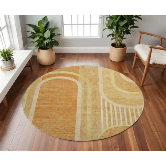 8' Terra Cotta And Gold Geometric Washable Round Rug With UV Protection Photo 2