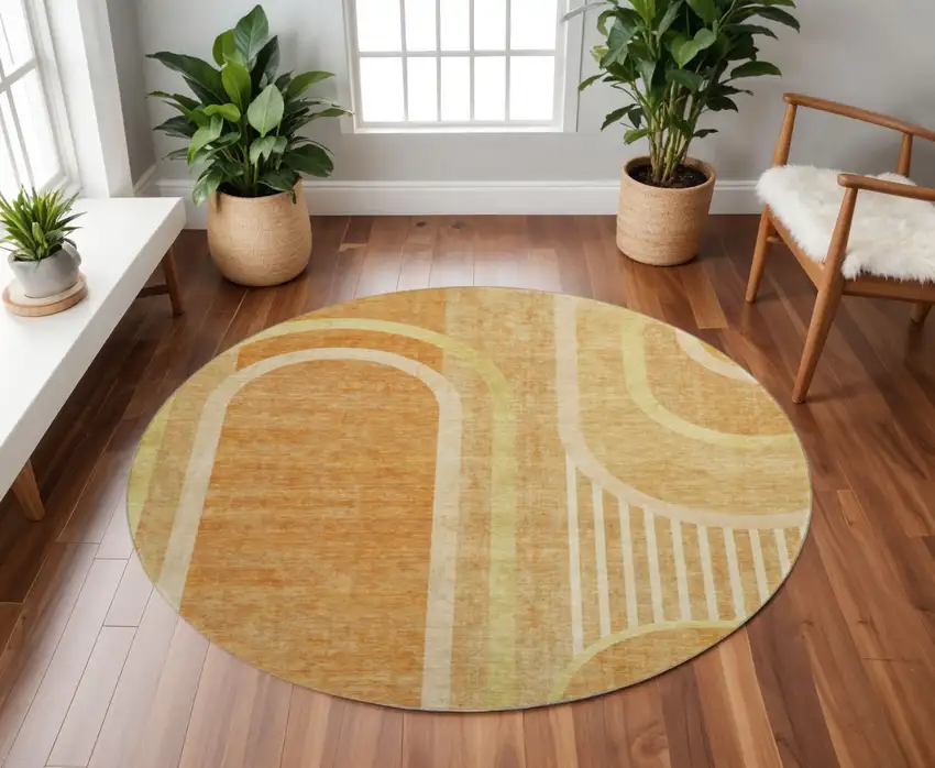8' Terra Cotta And Gold Geometric Washable Round Rug With UV Protection Photo 2