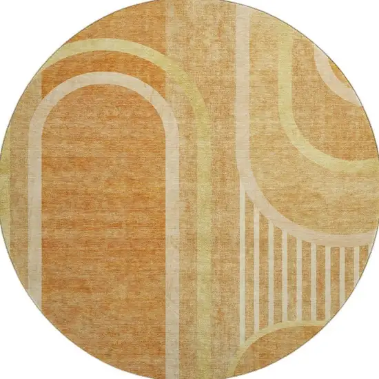8' Terra Cotta And Gold Geometric Washable Round Rug With UV Protection Photo 3