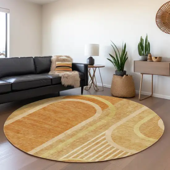 8' Terra Cotta And Gold Geometric Washable Round Rug With UV Protection Photo 4
