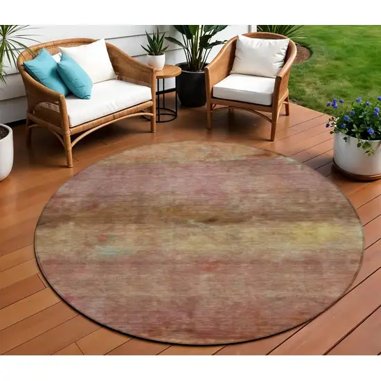 8' Terra Cotta And Gold Round Abstract Washable Indoor Outdoor Area Rug Photo 1