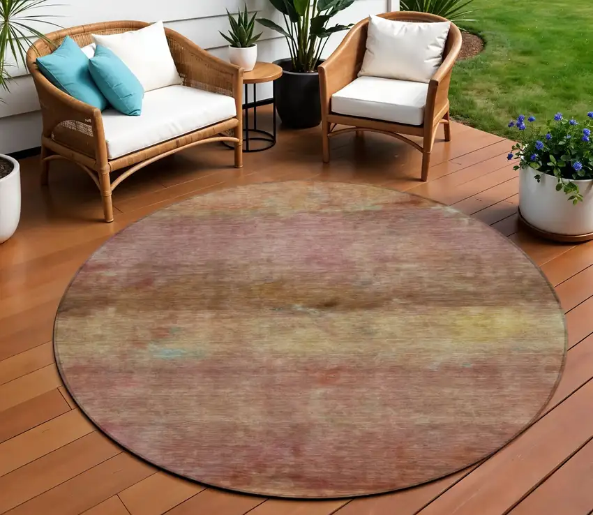 8' Terra Cotta And Gold Round Abstract Washable Indoor Outdoor Area Rug Photo 1