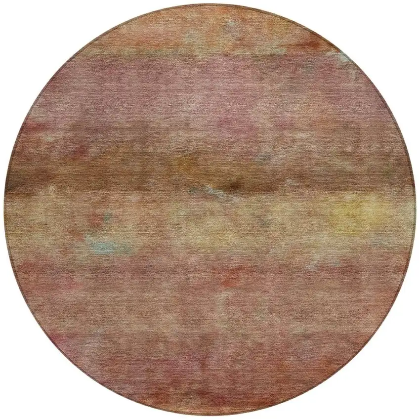 8' Terra Cotta And Gold Round Abstract Washable Indoor Outdoor Area Rug Photo 4