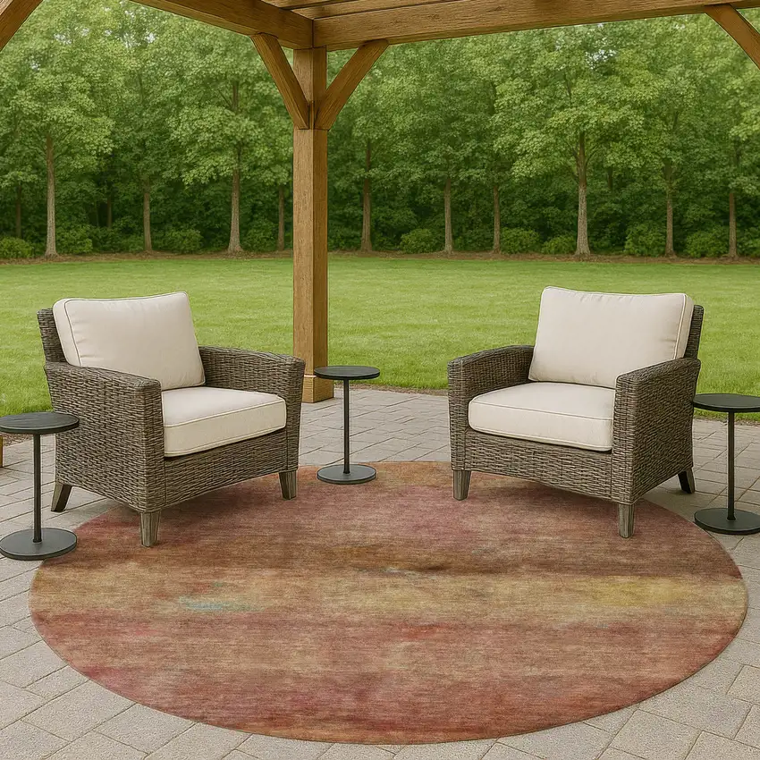 8' Terra Cotta And Gold Round Abstract Washable Indoor Outdoor Area Rug Photo 8