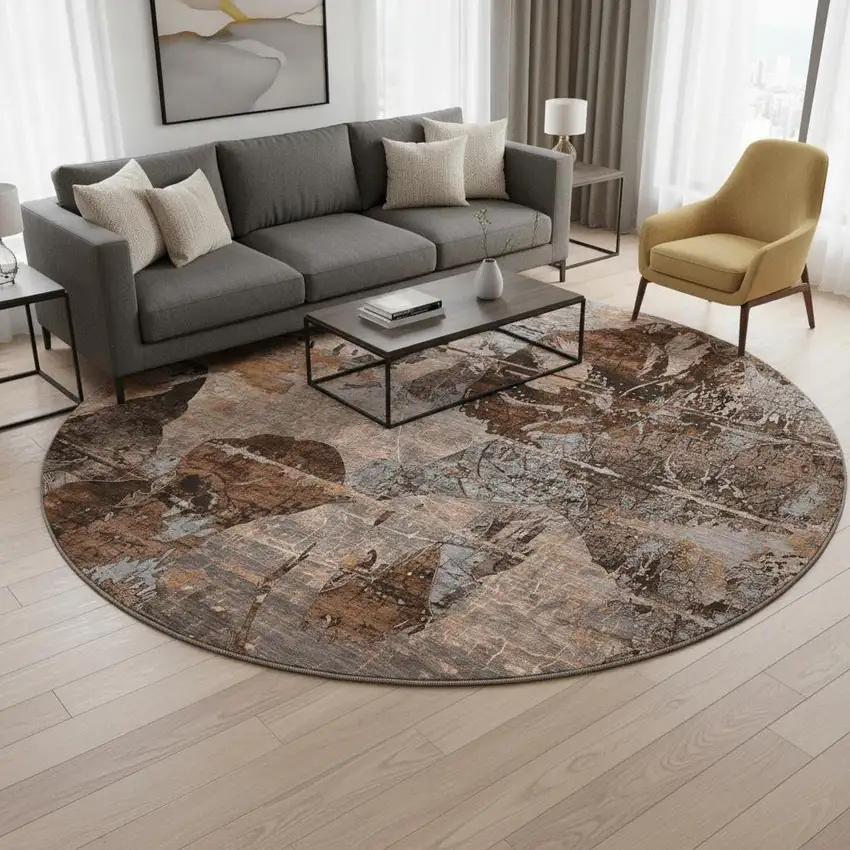 8' Terra Cotta And Gray Abstract Washable Round Rug With UV Protection Photo 2
